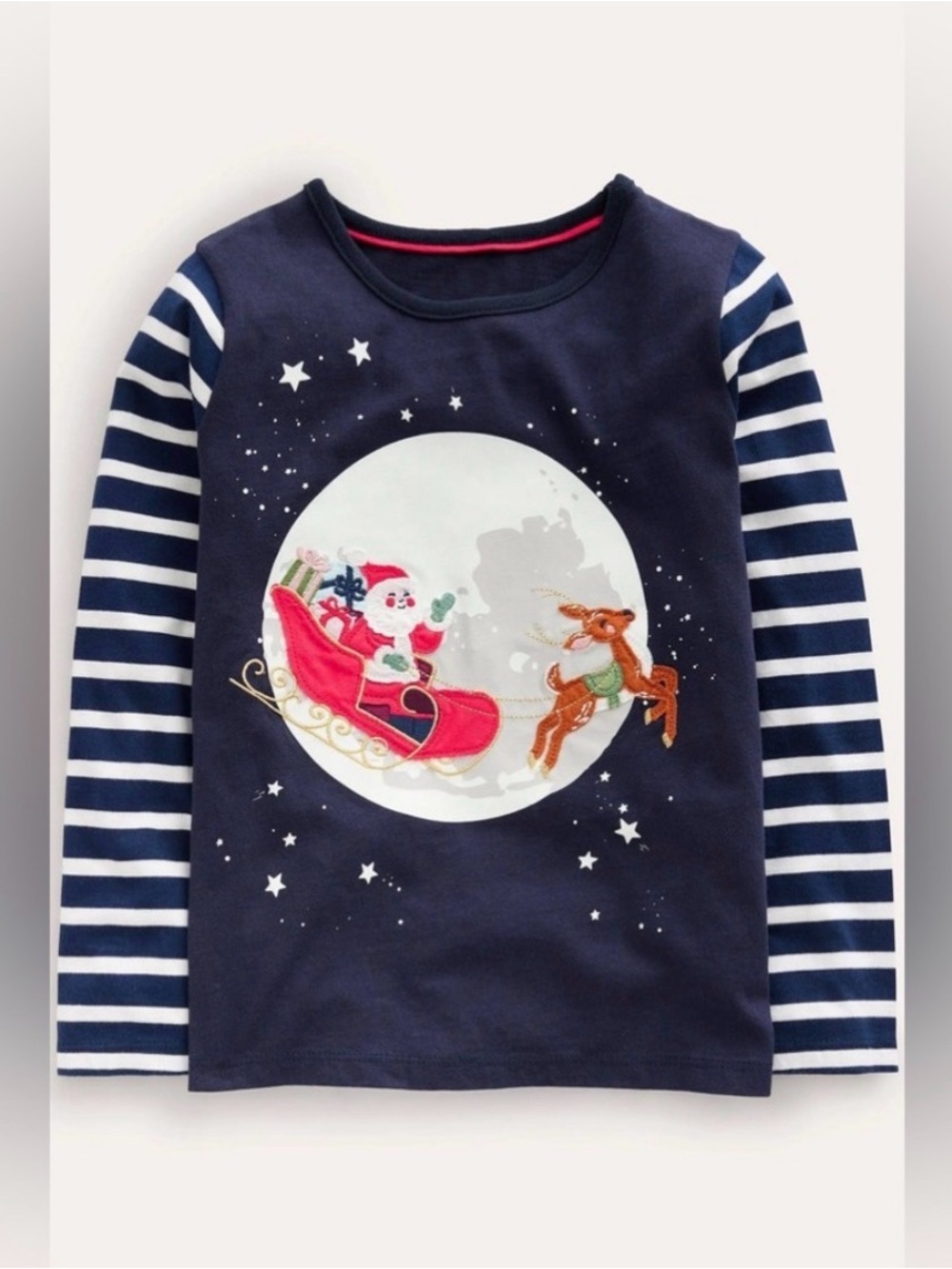 Mini Boden Santa’s Sleigh Navy Long Sleeve Top with Glow in the Dark Moon